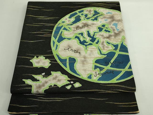 平和屋着物●極上　太鼓柄袋帯　作家物　希少柄　地球儀　黒地　金糸　逸品　DZAB5030kh6