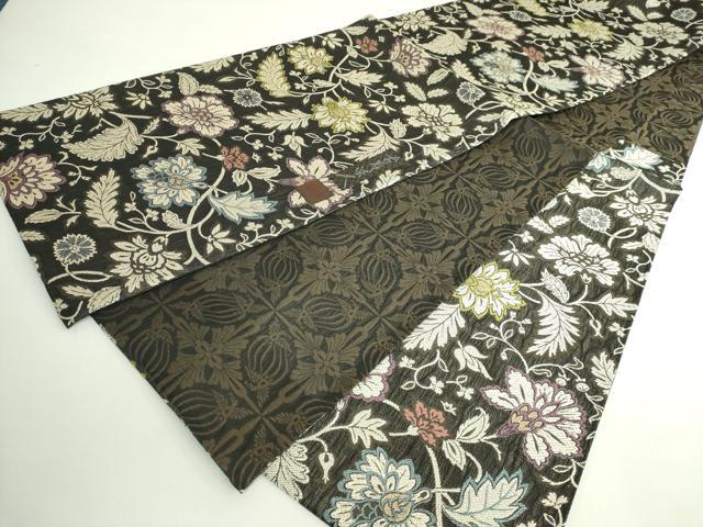 平和屋着物●極上　山岡古都・古都染人　染織美術品　薬墨染　両面　六通柄袋帯　スリーシーズン帯　更紗花文　鳥襷　逸品　DZAB5040kh6_8