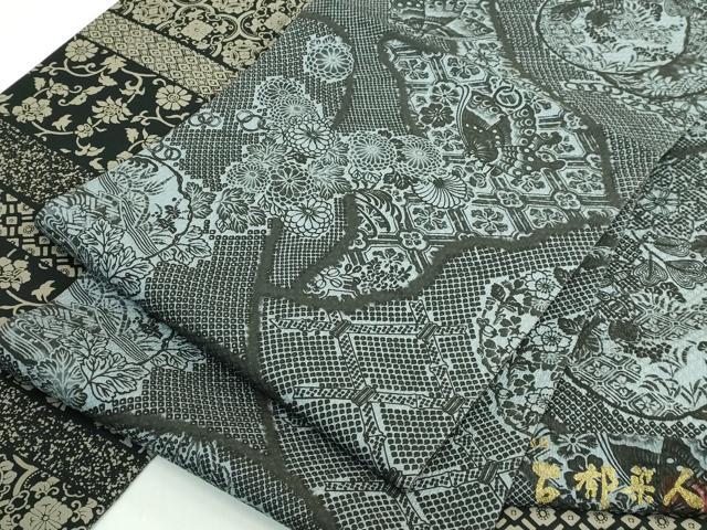 平和屋着物●極上　初代 染人・山岡古都　首里琉染　両面　全通柄袋帯　花蝶文　唐草文　黒地　逸品　DZAB5048kh6 平和屋着物○初代 染人・山岡古都 首里琉染 九寸名古屋帯 更紗花唐草文