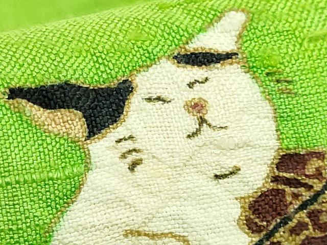 平和屋着物●極上　九寸名古屋帯　紬地　絞り　ネコ　楽器　黄緑色地　金彩　逸品　DZAB5076kh6_4