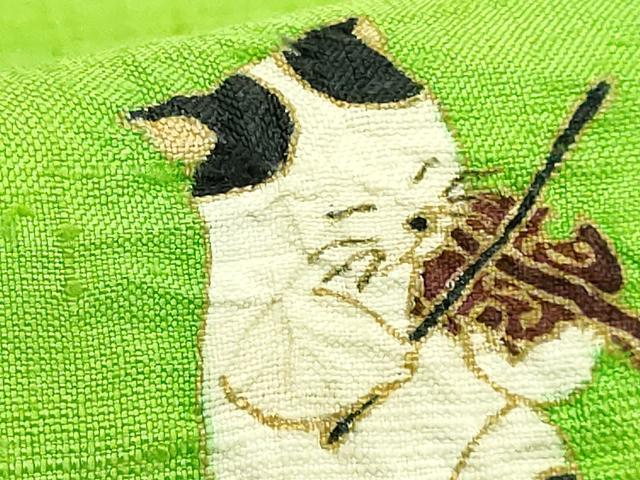 平和屋着物●極上　九寸名古屋帯　紬地　絞り　ネコ　楽器　黄緑色地　金彩　逸品　DZAB5076kh6_5