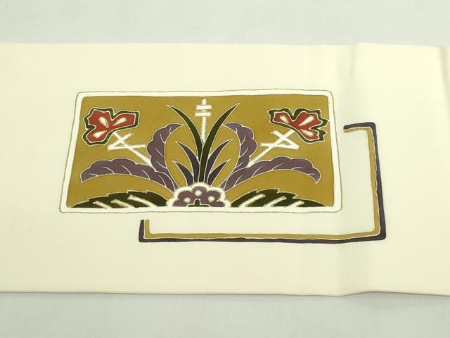 平和屋着物●極上　塩瀬　九寸名古屋帯　駒刺繍　草花文　金彩　逸品　DZAB5082kh6_7