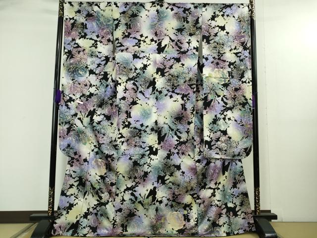 平和屋本店●極上　振袖・袋帯セット　牡丹　百合　草花　黒地　金彩　銀通し地　逸品　未使用　DZAB5152kh6