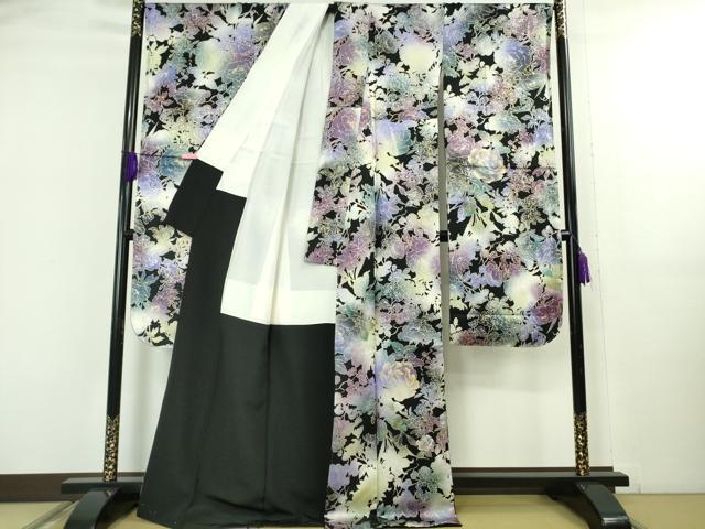 平和屋本店●極上　振袖・袋帯セット　牡丹　百合　草花　黒地　金彩　銀通し地　逸品　未使用　DZAB5152kh6_1