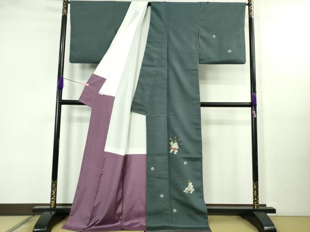 平和屋本店●極上　訪問着　お召地　鬼　雷様　濃い熨斗目花色地　ロング丈　逸品　DZAB5189kh6_2