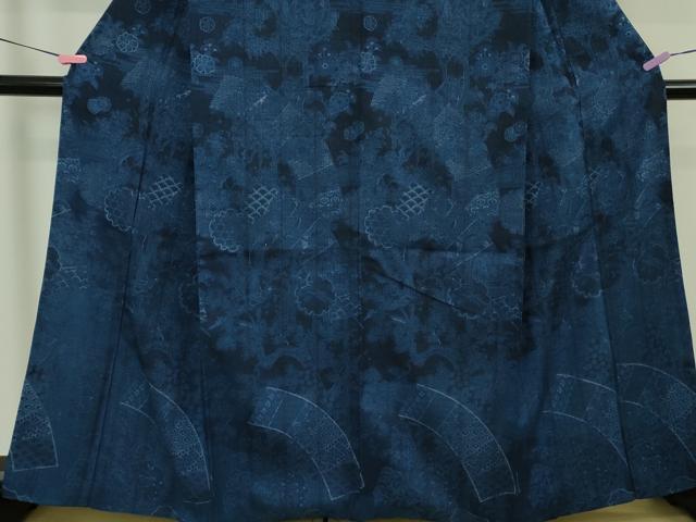 平和屋着物●極上　前田仁仙　仁仙更紗　訪問着　紬地　本藍　地紙花鳥文　逸品　DZAB5249kh6_3