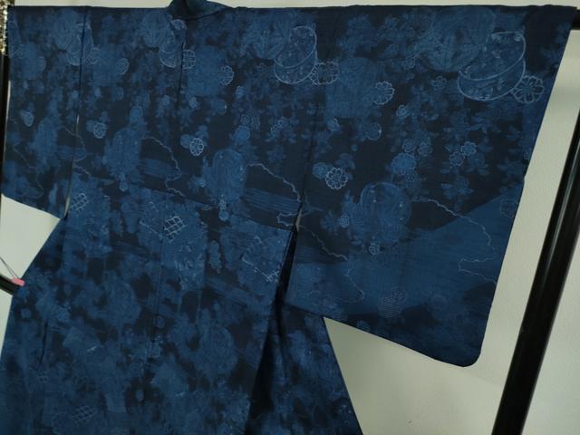 平和屋着物●極上　前田仁仙　仁仙更紗　訪問着　紬地　本藍　地紙花鳥文　逸品　DZAB5249kh6_2