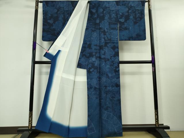 平和屋着物●極上　前田仁仙　仁仙更紗　訪問着　紬地　本藍　地紙花鳥文　逸品　DZAB5249kh6_1