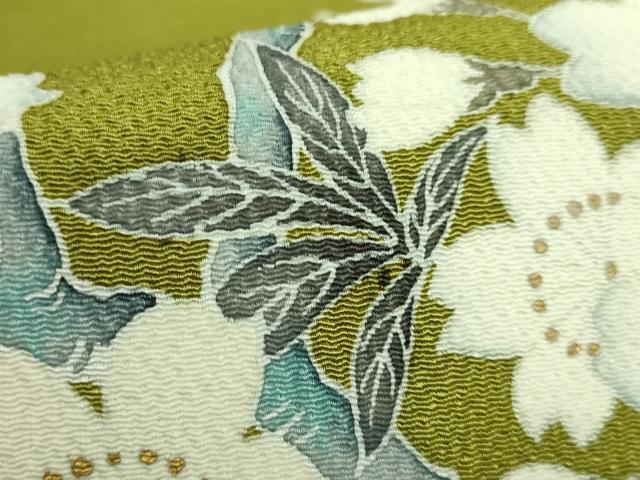 平和屋本店●極上　洛楽人工房　九寸名古屋帯　枝桜　金彩　鬼しぼ縮緬　鶯色地　逸品　DZAB5280kh6_3