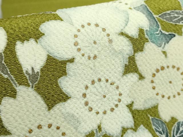 平和屋本店●極上　洛楽人工房　九寸名古屋帯　枝桜　金彩　鬼しぼ縮緬　鶯色地　逸品　DZAB5280kh6_4