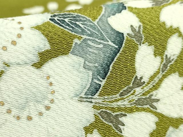 平和屋本店●極上　洛楽人工房　九寸名古屋帯　枝桜　金彩　鬼しぼ縮緬　鶯色地　逸品　DZAB5280kh6_5