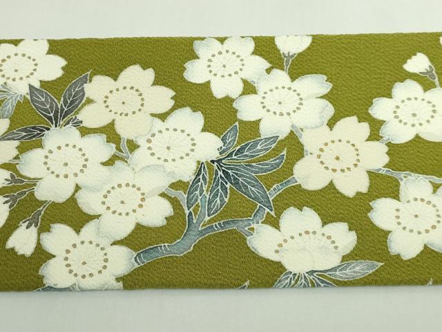 平和屋本店●極上　洛楽人工房　九寸名古屋帯　枝桜　金彩　鬼しぼ縮緬　鶯色地　逸品　DZAB5280kh6_8