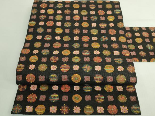 平和屋本店＊極上　夏物　工芸帯　九寸名古屋帯　自然布　黒地　逸品　DZAB5328kh6