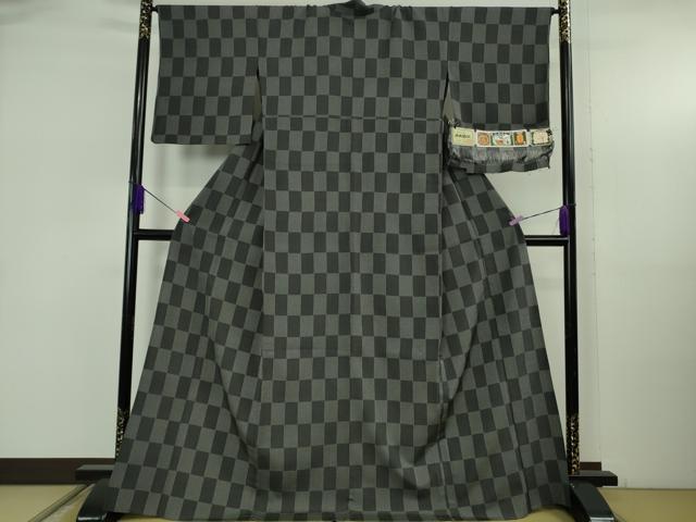 平和屋着物▽極上　本塩沢　単衣　市松文様　証紙付き　逸品　DZAB5367kh6_1