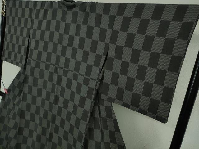 平和屋着物▽極上　本塩沢　単衣　市松文様　証紙付き　逸品　DZAB5367kh6_3