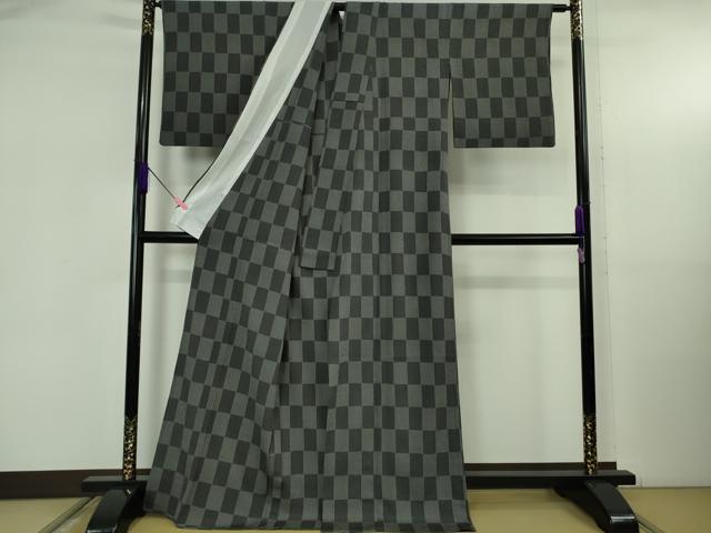 平和屋着物▽極上　本塩沢　単衣　市松文様　証紙付き　逸品　DZAB5367kh6_2