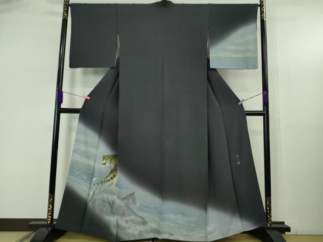 平和屋本店●極上　訪問着　作家物　隆二　手描き　虎　トラ　藍鉄色地　暈し染め　やまと誂製　逸品　DZAB5378kh6_1
