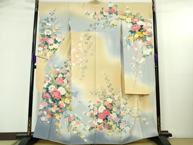 平和屋着物●極上　振袖　友禅　作家物　吉祥花文　暈し染め　逸品　DZAB5382kh6