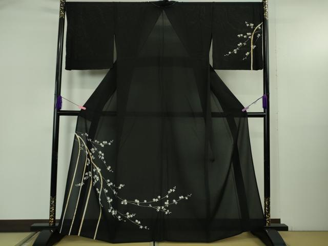 平和屋本店＊極上 夏物 訪問着 絽縮緬 枝垂れ花 黒地 金彩 逸品 未使用