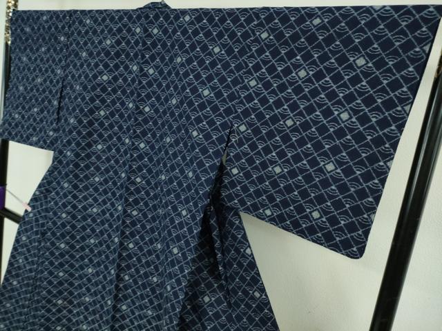 平和屋着物▽極上　久留米絣　単衣　伝統藍染　綿　菱青海波　反端付き　逸品　未使用　DZAB5433kh6_3