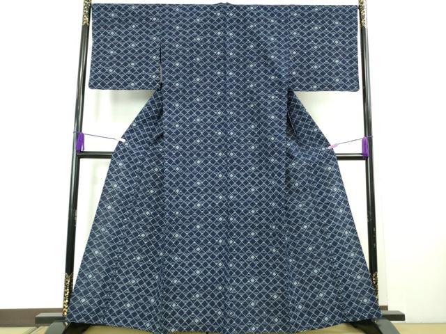 平和屋着物▽極上　久留米絣　単衣　伝統藍染　綿　菱青海波　反端付き　逸品　未使用　DZAB5433kh6_1