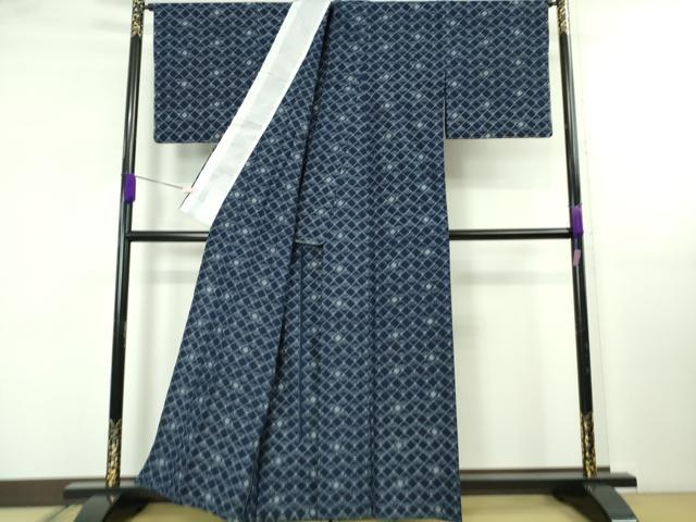 平和屋着物▽極上　久留米絣　単衣　伝統藍染　綿　菱青海波　反端付き　逸品　未使用　DZAB5433kh6_2