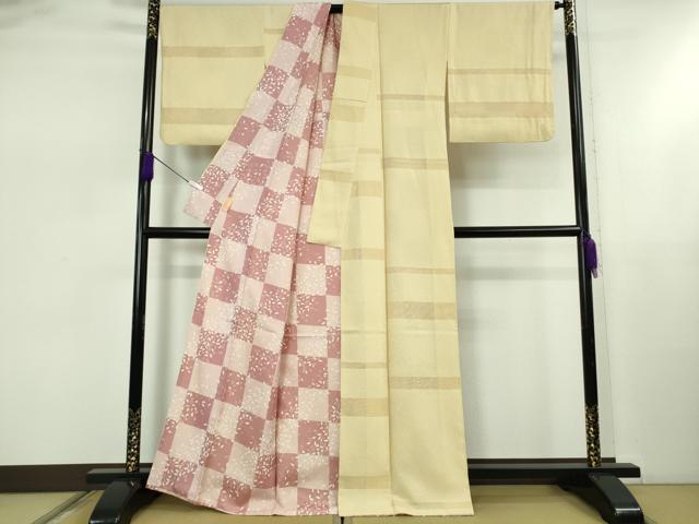 平和屋着物●極上　小紋　舞桜　横段紋紗　砥粉色地　逸品　DZAB5455kh6 平和屋着物○極上 小紋 舞桜 横段紋紗 砥粉色地 逸品 DZAB5455kh6