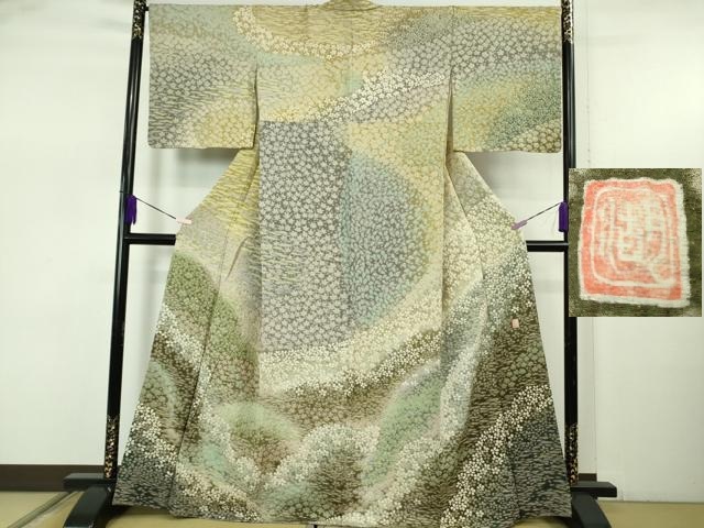 平和屋本店●極上　十日町　名門　滝泰謹製　訪問着　おぼろ染め　襲絞り　相良刺繍　舞花文　暈し染め　金糸　逸品　DZAB5474kh6