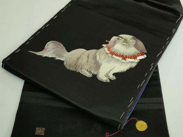 平和屋着物●極上　アンティーク　大正ロマン　九寸名古屋帯　総手刺繍　狆　黒地　逸品　DZAB5522kh6_5