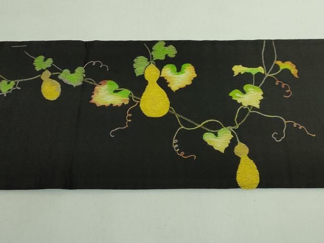 平和屋着物●極上　アンティーク　大正ロマン　九寸名古屋帯　総手刺繍　狆　黒地　逸品　DZAB5522kh6_8