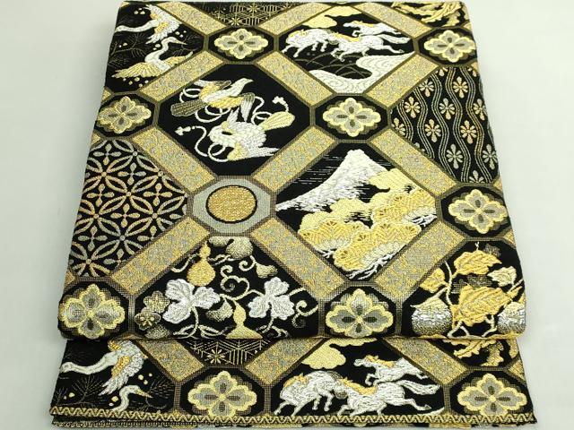 平和屋着物●極上　創業280年　誉田屋源兵衛　両面　太鼓柄袋帯　誉文彫金　格天七吉祥　黒地　金銀糸　逸品　DZAB5559kh6
