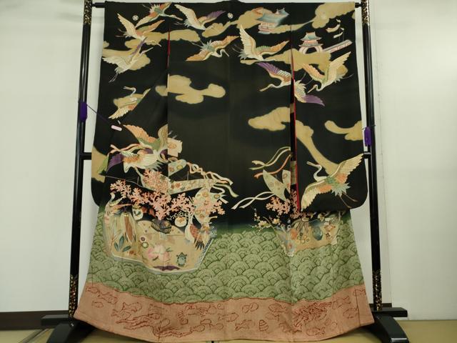 平和屋本店●極上　アンティーク　大正ロマン　振袖　駒刺繍　鶴亀　宝船　黒地　逸品　DZAB5602kh6