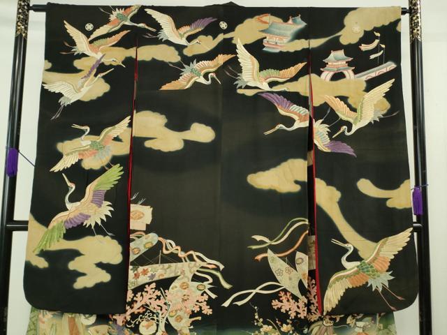 平和屋本店●極上　アンティーク　大正ロマン　振袖　駒刺繍　鶴亀　宝船　黒地　逸品　DZAB5602kh6_2
