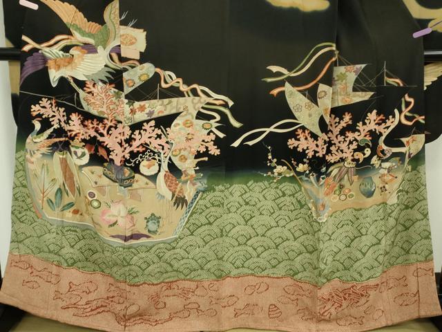 平和屋本店●極上　アンティーク　大正ロマン　振袖　駒刺繍　鶴亀　宝船　黒地　逸品　DZAB5602kh6_3