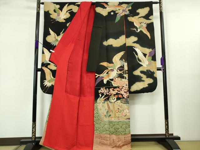 平和屋本店●極上　アンティーク　大正ロマン　振袖　駒刺繍　鶴亀　宝船　黒地　逸品　DZAB5602kh6_1