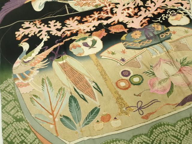 平和屋本店●極上　アンティーク　大正ロマン　振袖　駒刺繍　鶴亀　宝船　黒地　逸品　DZAB5602kh6_5
