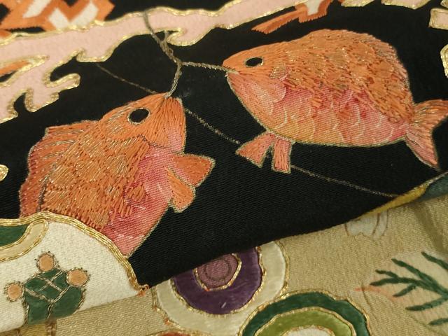 平和屋本店●極上　アンティーク　大正ロマン　振袖　駒刺繍　鶴亀　宝船　黒地　逸品　DZAB5602kh6_6