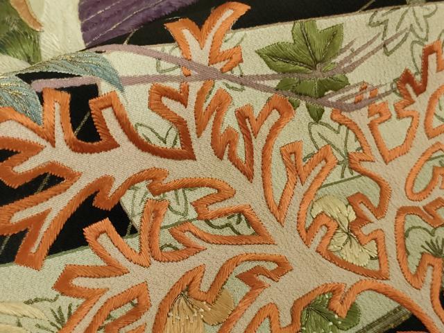 平和屋本店●極上　アンティーク　大正ロマン　振袖　駒刺繍　鶴亀　宝船　黒地　逸品　DZAB5602kh6_7