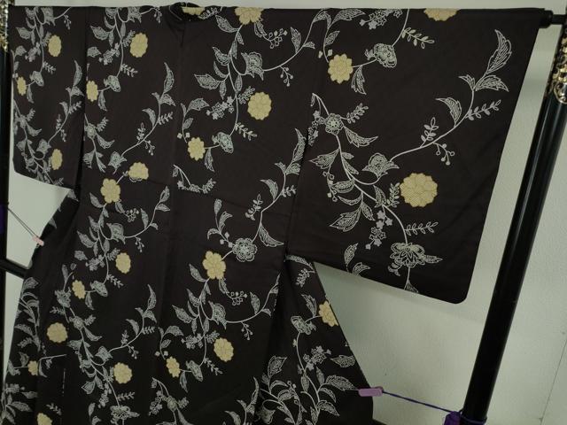平和屋着物▽極上　小紋　単衣　型染　更紗花唐草文　紫黒色地　逸品　DZAB5656kh6_2