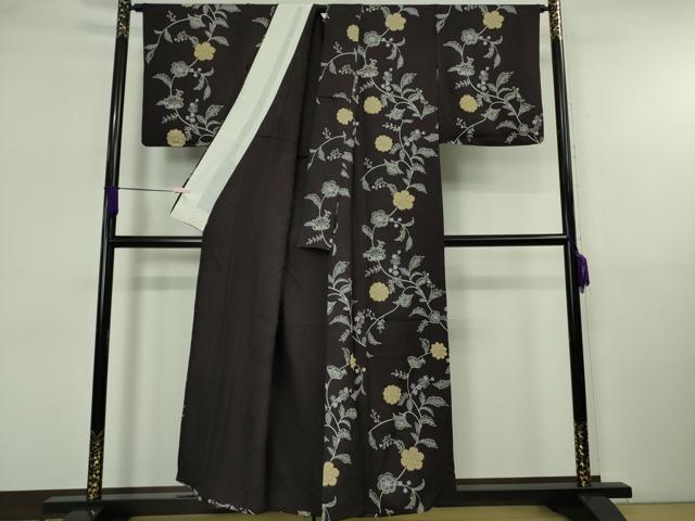 平和屋着物▽極上 小紋 単衣 型染 更紗花唐草文 紫黒色地 逸品