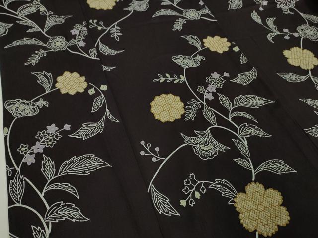 平和屋着物▽極上　小紋　単衣　型染　更紗花唐草文　紫黒色地　逸品　DZAB5656kh6_4