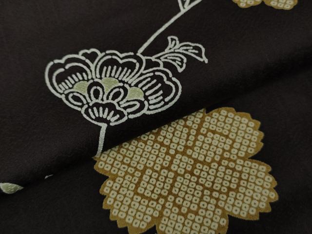 平和屋着物▽極上　小紋　単衣　型染　更紗花唐草文　紫黒色地　逸品　DZAB5656kh6_5