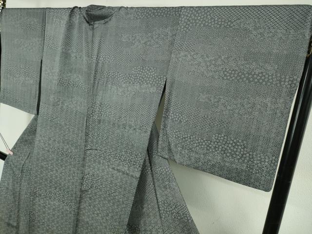 平和屋着物▽極上　江戸小紋　花織玉糸紬　単衣　横段花文　褐色×白　反端付き　ロング丈　逸品　DZAB5657kh6_3