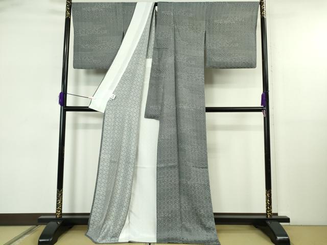 平和屋着物▽極上　江戸小紋　花織玉糸紬　単衣　横段花文　褐色×白　反端付き　ロング丈　逸品　DZAB5657kh6_2