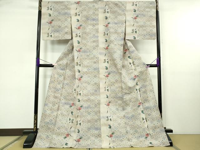 平和屋着物▽極上　小千谷紬　単衣　草花間道　ロング丈　逸品　未使用　DZAB5681kh6