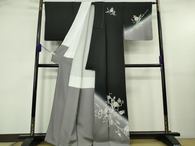 平和屋本店●極上　訪問着　花唐草文　黒地　暈し染め　金銀彩　反端付き　逸品　未使用　DZAB5806kh6_1