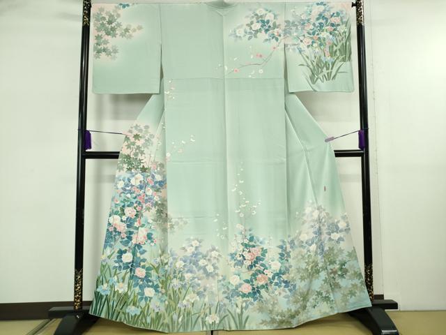 平和屋本店●極上　訪問着　友禅　作家物　春水　四季花文　青磁鼠色地　暈し染め　逸品　DZAB5828kh6