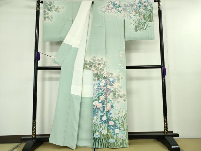 平和屋本店●極上　訪問着　友禅　作家物　春水　四季花文　青磁鼠色地　暈し染め　逸品　DZAB5828kh6_1