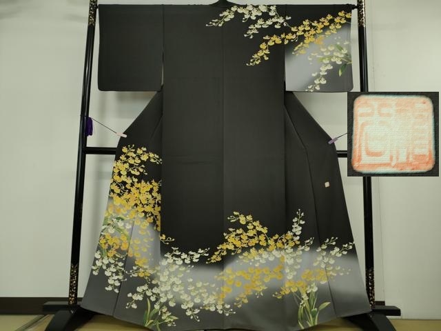 平和屋本店●極上　名門染元　秀美　十日町友禅　訪問着　鈴蘭　すずらん　黒地　暈し染め　逸品　DZAB5855kh6