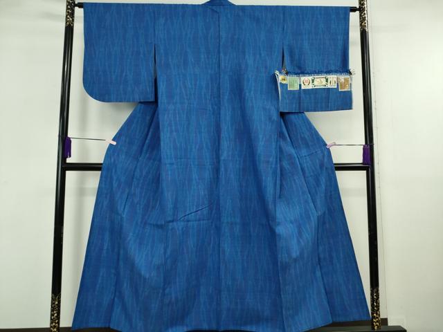 平和屋着物▽極上　本場結城紬　重要無形文化財　単衣　100亀甲　よろけ縞　瑠璃色地　証紙付き　逸品　DZAB5937kh6_1